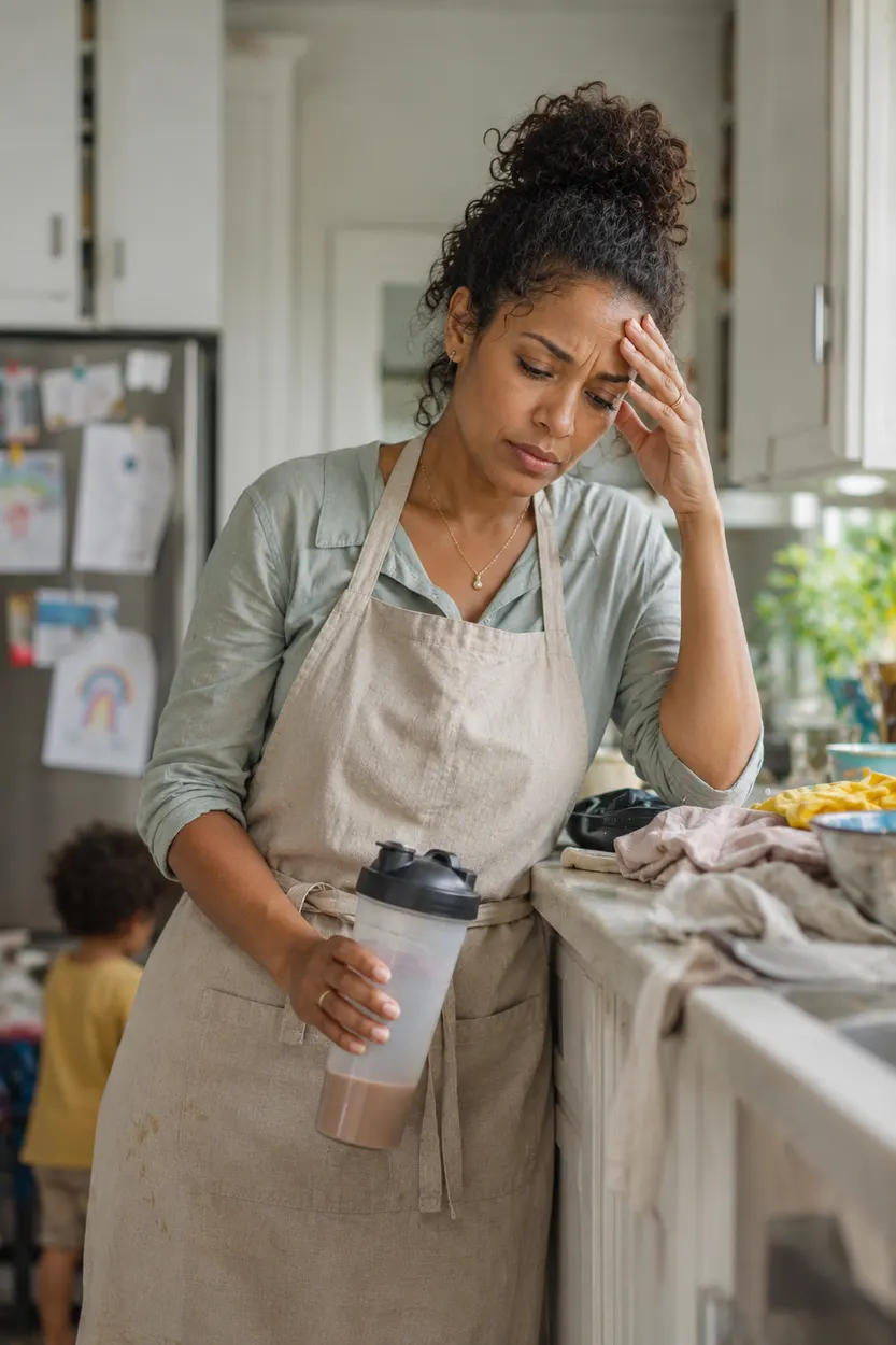 Tired woman in her kitchen holding a protein shake