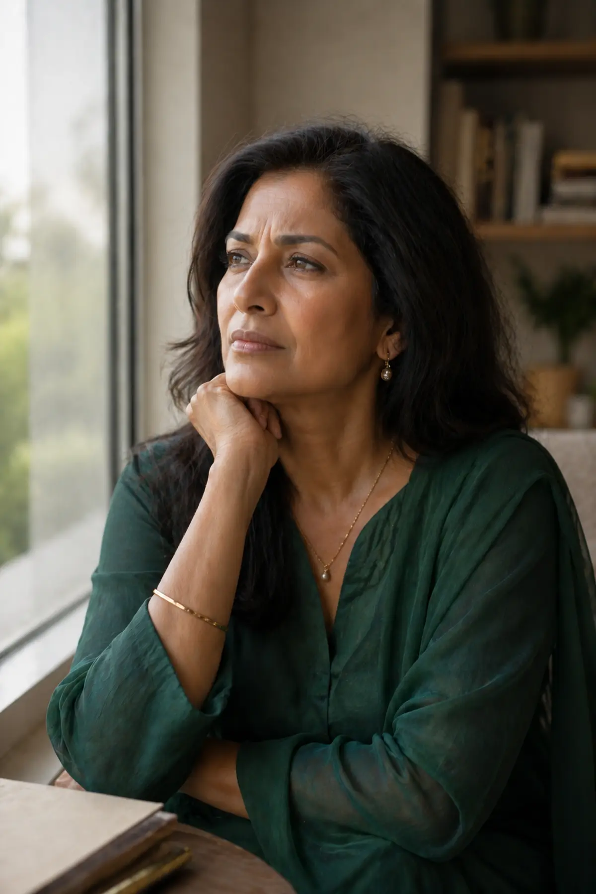 Woman in a reflective moment by the window